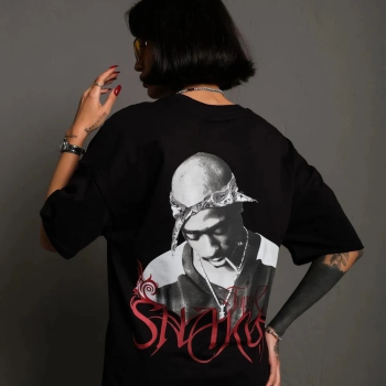 Kadın Baskılı T-Shirt Oversize Kısa kol Bisiklet yaka tişort- Siyah